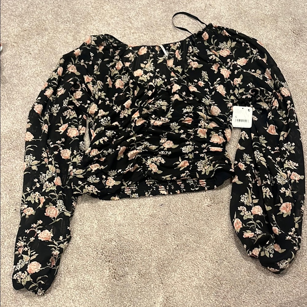 Free People Black and White Ruched Crop Blouse